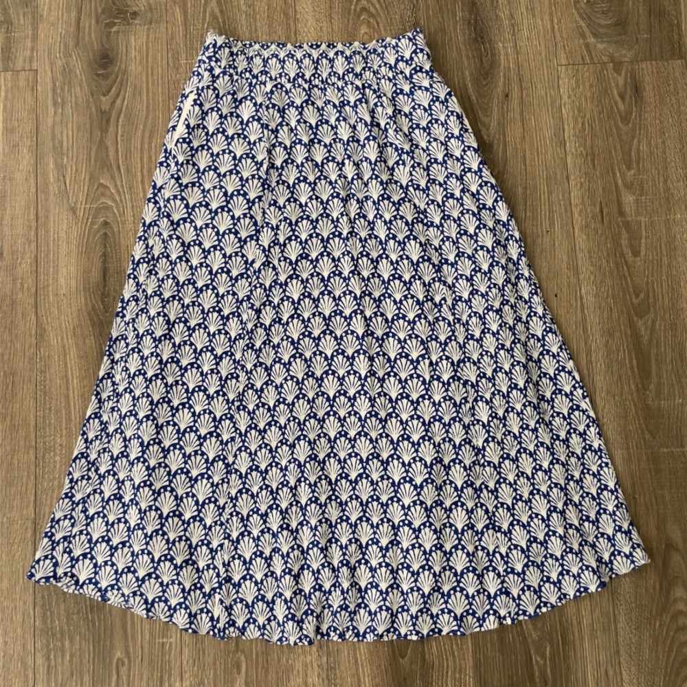 Boden Blue White Fan Shell Print Midi Skirt Pockets US 4 R0556
